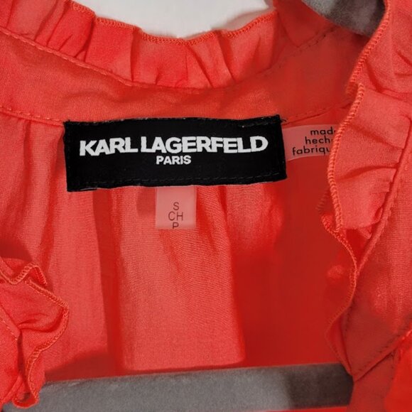 KARL LAGERFELD PARIS  split-neck ruffled top Sz S - Picture 8 of 8
